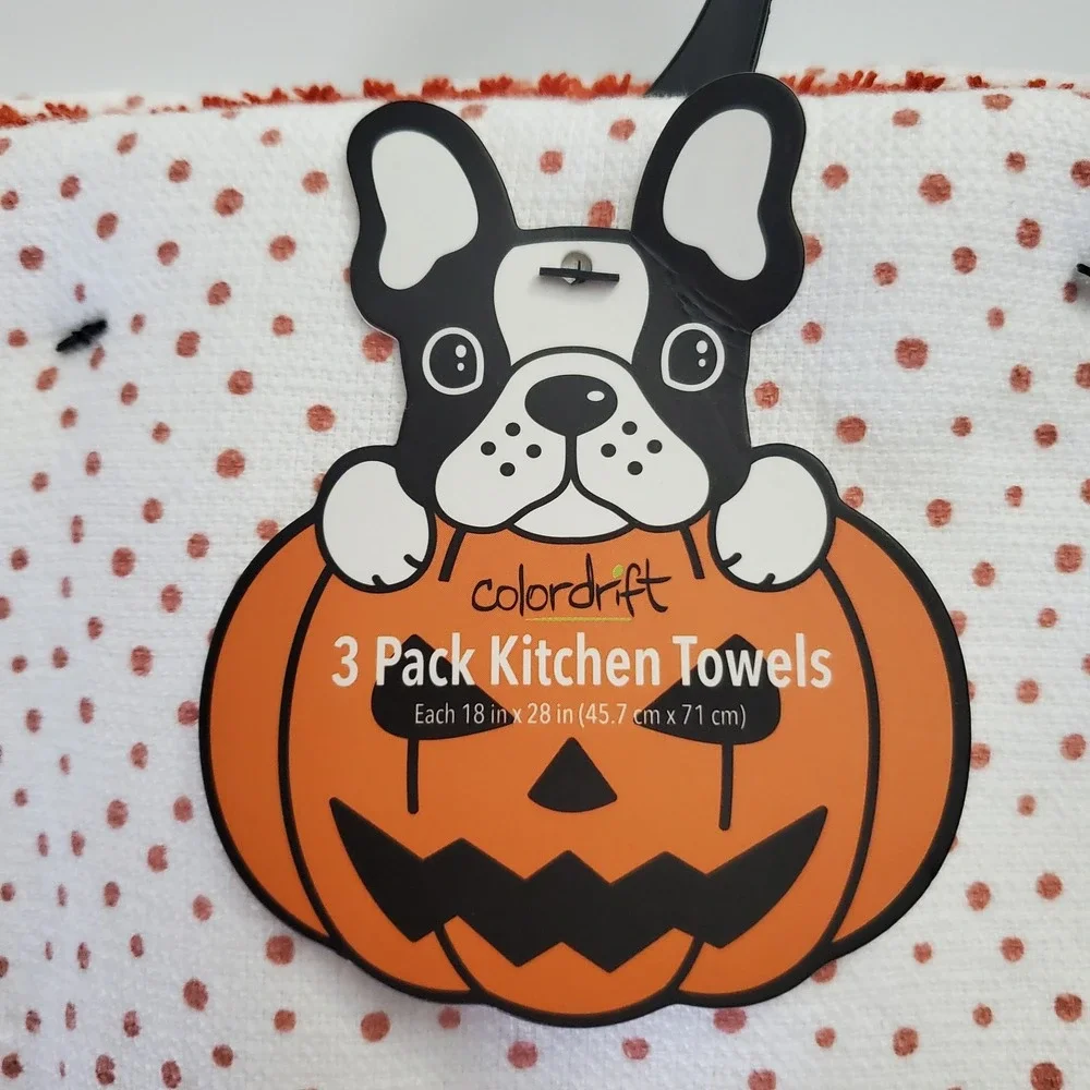 Frenchie French Bulldog Halloween Dog Pumpkin 3 Pack Kitchen Towel Set NEW!